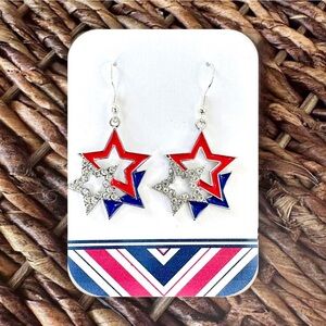 New Handmade Silver-Tone Patriotic Red, Blue, & Sparkly Star Outline Earrings